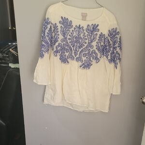 Chico's Cream Blouse with Blue Embroidery